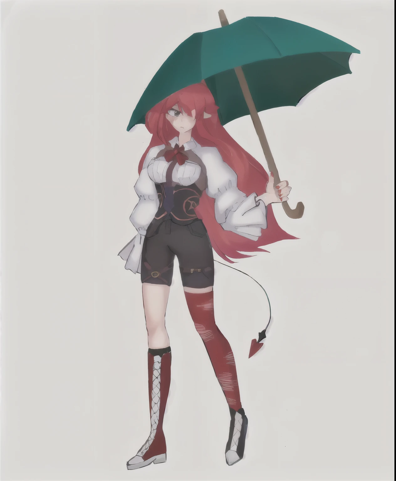 anime girl with red hair and green umbrella standing in the rain, April&#39;s rendering, Makeup Gallery, umbrella, raining!!, Made with Anime Painter Studio., raining!, rain red color bleed, wishful character, rain!!!!, Inspired by Louis Grell, Impressions of Mirabel Madrigal, umbrellaกันแดด, standing with a umbrellaกันแดด, Elsa Scarlet is a real person.