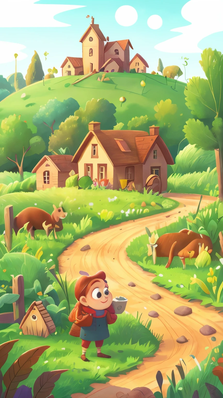Creates an exciting illustration of a dirt road in the foreground in a picturesque rural scene with crops and a lonely small house in the background. Presencia tranquilizadora. Cercos de colinas ondulantes, estilo 3D PIXAR DISNEY y detallado de Beatrix Potter