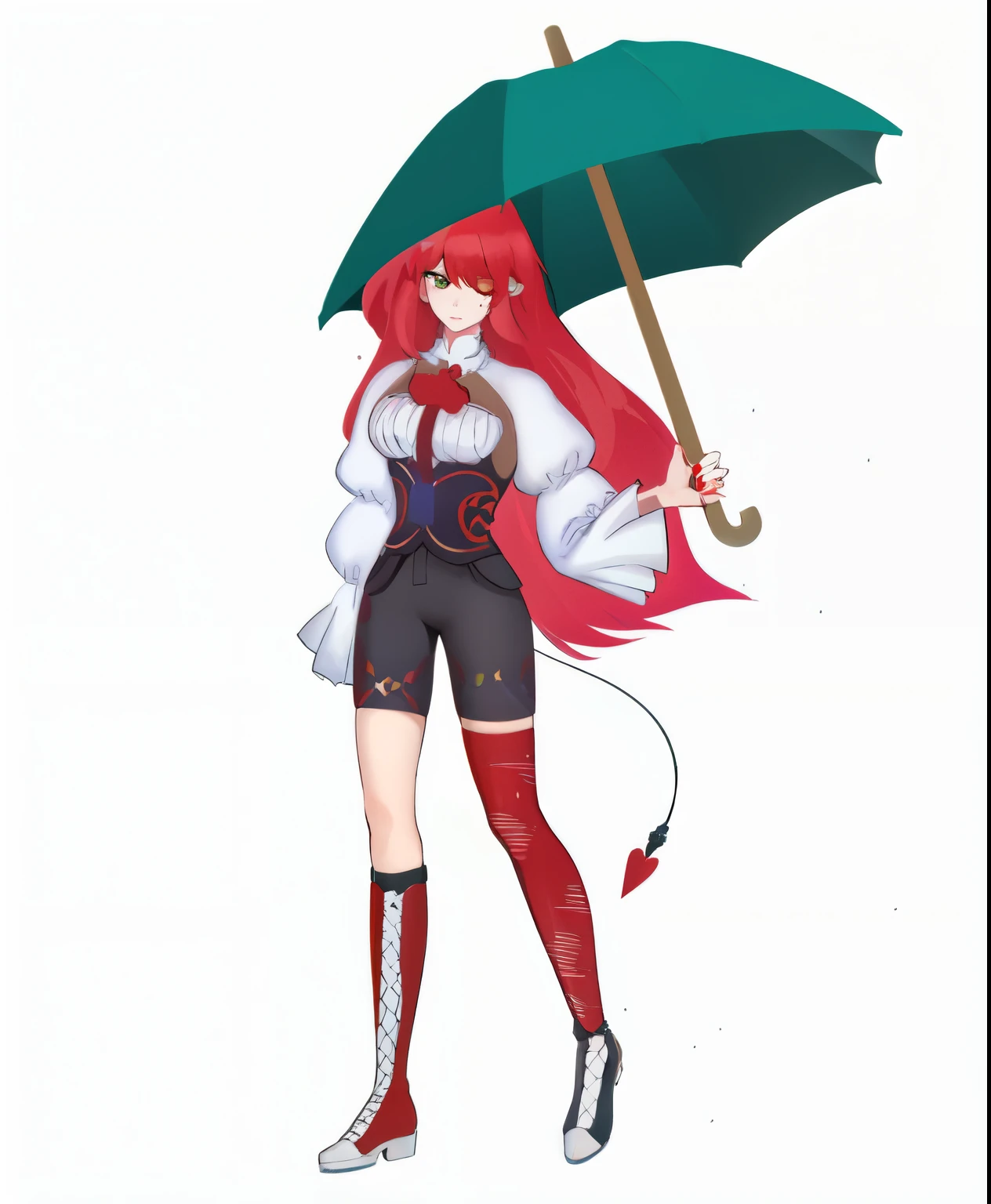 anime girl with red hair and green umbrella standing in the rain, April's rendering, Makeup Gallery, umbrella, raining!!, Made with Anime Painter Studio., raining!, rain red color bleed, wishful character, rain!!!!, Inspired by Louis Grell, Impressions of Mirabel Madrigal, umbrellaกันแดด, standing with a umbrellaกันแดด, Elsa Scarlet is a real person.