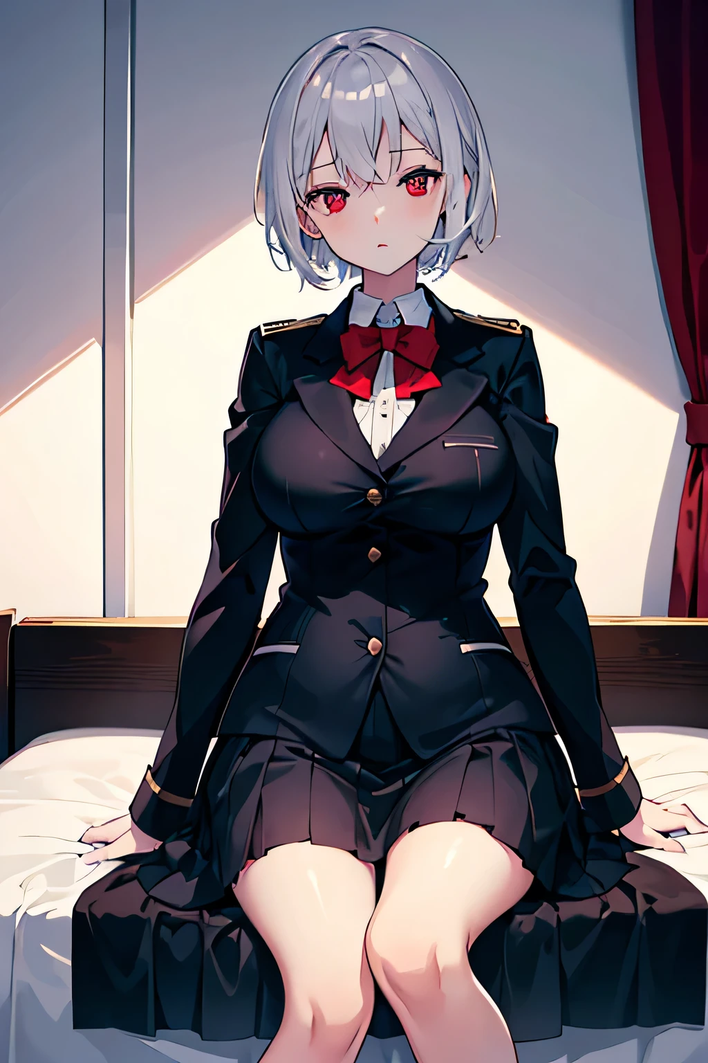 1girl, sex, dark room, best quality,8K,white short hair, red eye, big breast,cute,, on the bed, formal uniform ,over jacket, pregnancy