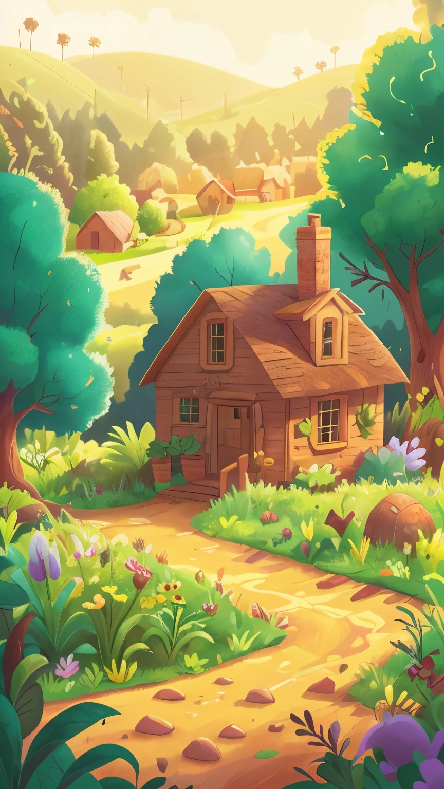 Creates an exciting illustration of a dirt road in the foreground in a picturesque rural scene with crops and a lonely small house in the background. Presencia tranquilizadora. Cercos de colinas ondulantes, estilo 3D PIXAR DISNEY y detallado de Beatrix Potter