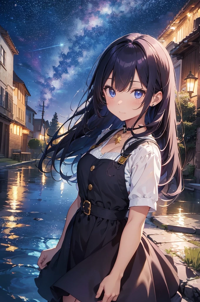 girl, Located in the corner, looking at the Sky, alone, Mona (Genshin Impact), collar, hair between eyes, Star (symbol), long hair, dark purple hair, Double tail, blue eyes, shining eyes, jewelry, witch, maid, Bangs, Purple black dress, Purple skirt, white apron, landscape, night Sky, Star (Sky), Starry Sky, night, outdoor, cloud, reflection, water, magic, tarot cards, water magic, ((beautiful golden crystal Star)),  space, water droplets, splash