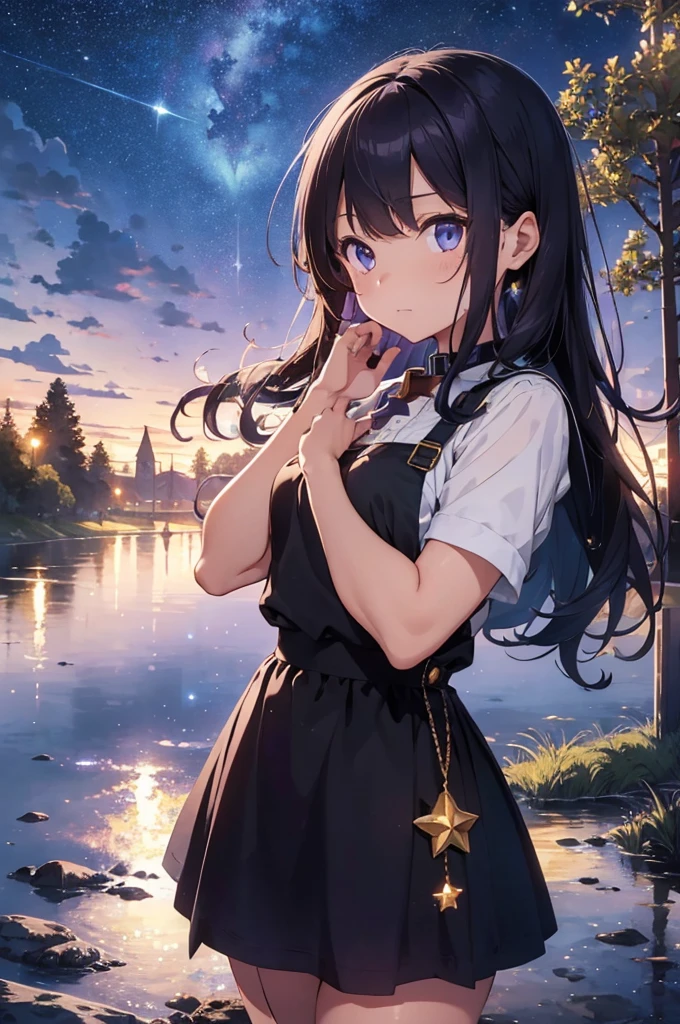 girl, Located in the corner, looking at the Sky, alone, Mona (Genshin Impact), collar, hair between eyes, Star (symbol), long hair, dark purple hair, Double tail, blue eyes, shining eyes, jewelry, witch, maid, Bangs, Purple black dress, Purple skirt, white apron, landscape, night Sky, Star (Sky), Starry Sky, night, outdoor, cloud, reflection, water, magic, tarot cards, water magic, ((beautiful golden crystal Star)), space, water droplets, splash