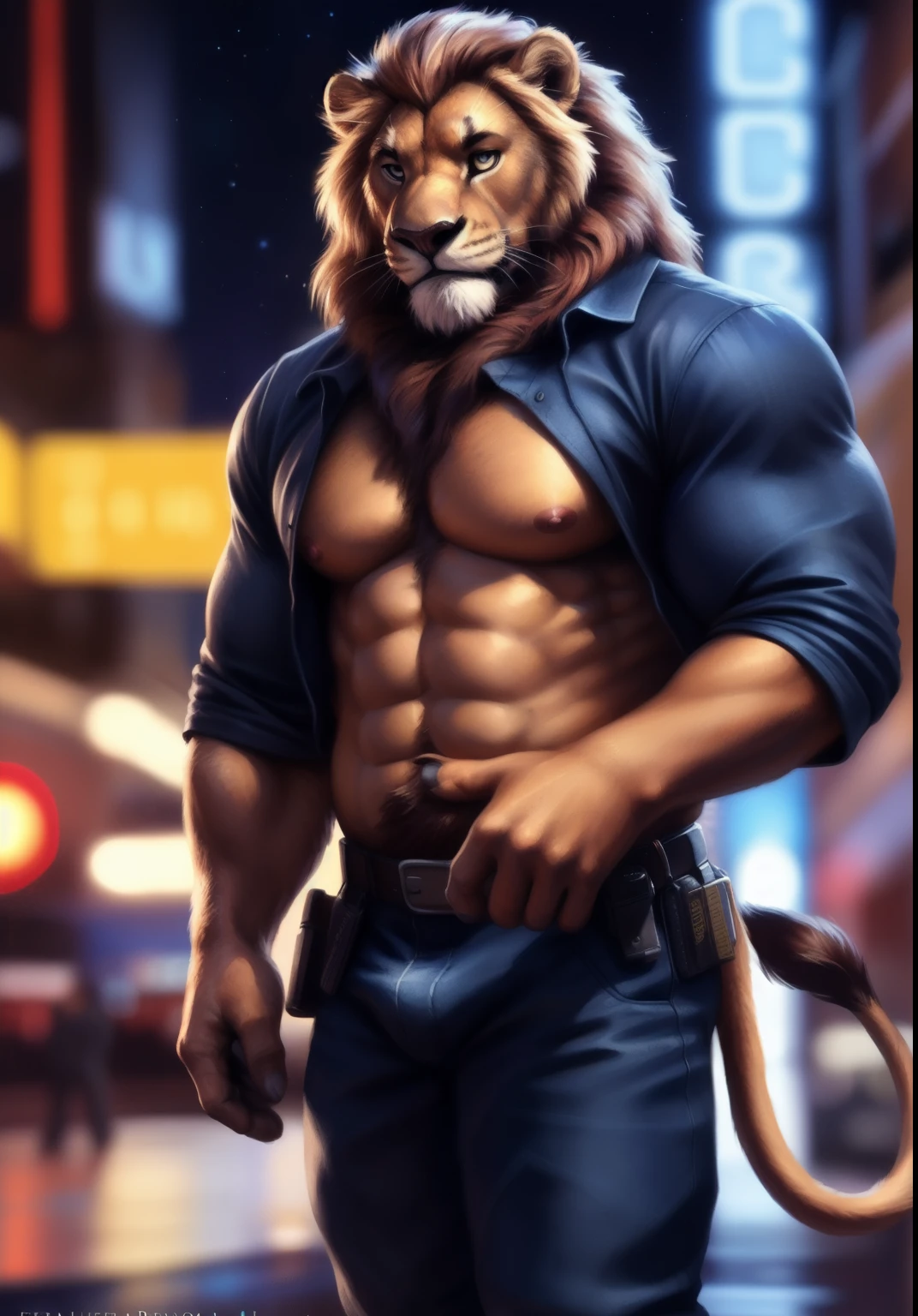 Lion, male, solo, adult, abs, pecs, nipples, older, strong muscles, security guard, long mane, detailed face, beautiful eyes, security guard outfit, black shirt, blue jeans pants, lifted shirt, showing chest, muscular chest, muscular, serious face, bodybuilder body, beefy, utility belt, out of discotheque Background, night, neon lights, looking_at_viewer, by bruteandbrawn, by personalami, by kenket, (intricate, high detail, film photography, soft focus, RAW candid cinema,
photorealism, realistic, photorealistic, analog style, subsurface scattering,
masterpiece, best quality, ultra realistic, 8k)