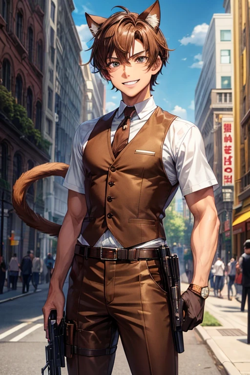 Man, anime, wearing a brown vest suit, has cat ears and tail, brown hair, brown eyes, has a gun holster on the belt, short hair style, tanned skin, best quality, smiling, 1930s city background,
