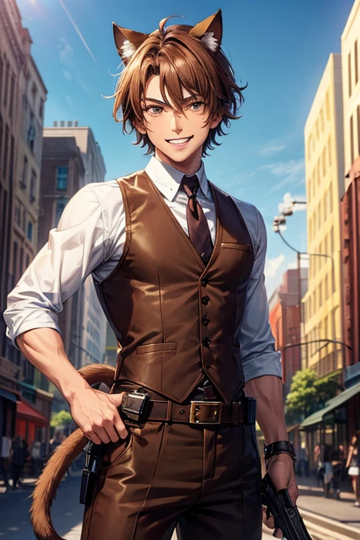 Man, anime, wearing a brown vest suit, has cat ears and tail, brown hair, brown eyes, has a gun holster on the belt, short hair style, tanned skin, best quality, smiling, 1930s city background, 