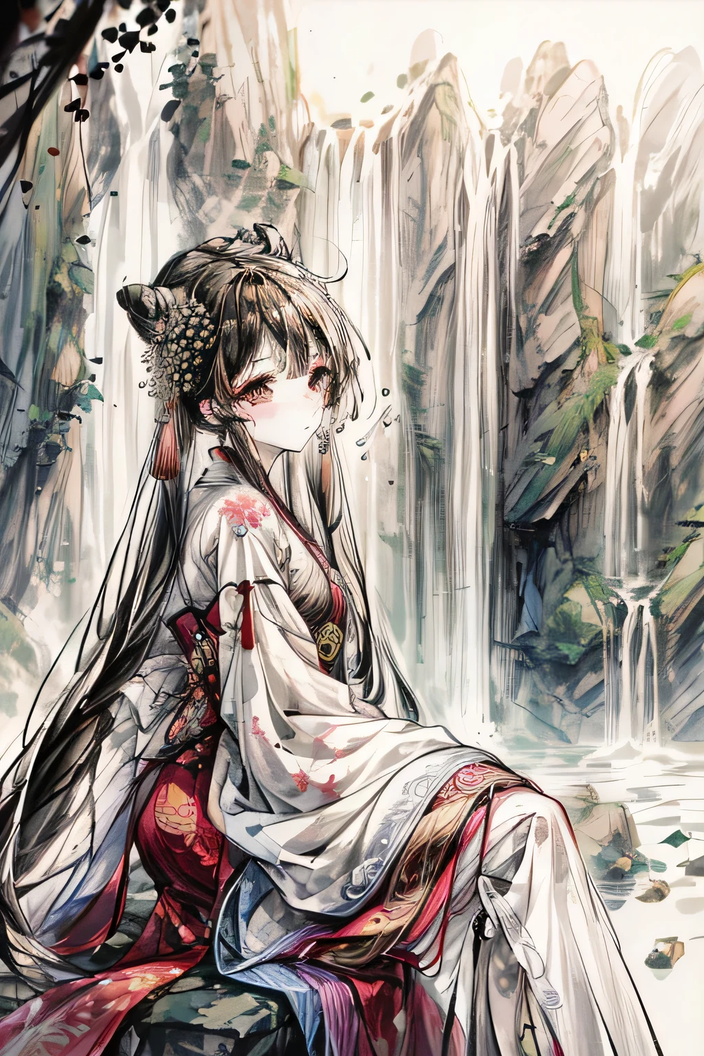 A woman in a white dress sits on a rock next to a waterfall, hanfu, palace , A girl wearing hanfu, White hanfu, chinese woman, traditional Chinese, traditional beauty, wearing chinese clothes, Chinese style, traditional Chinese clothing, Chinese girl, Hanfu, Chinese fantasy, traditional photography, gorgeous lady, Inspired by Chen Yifei
