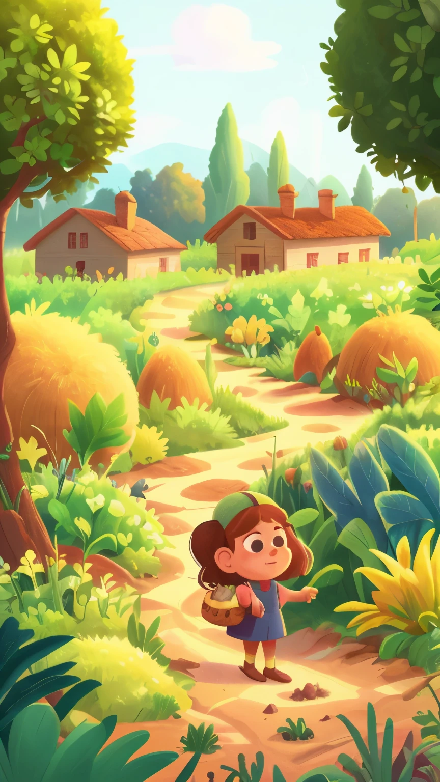 Creates an exciting illustration of a dirt road surrounded by turnip crops in the foreground in a picturesque rural scene with crops. Presencia tranquilizadora. Cercos de colinas ondulantes, estilo render 3D PIXAR DISNEY y detallado de Beatrix Potter