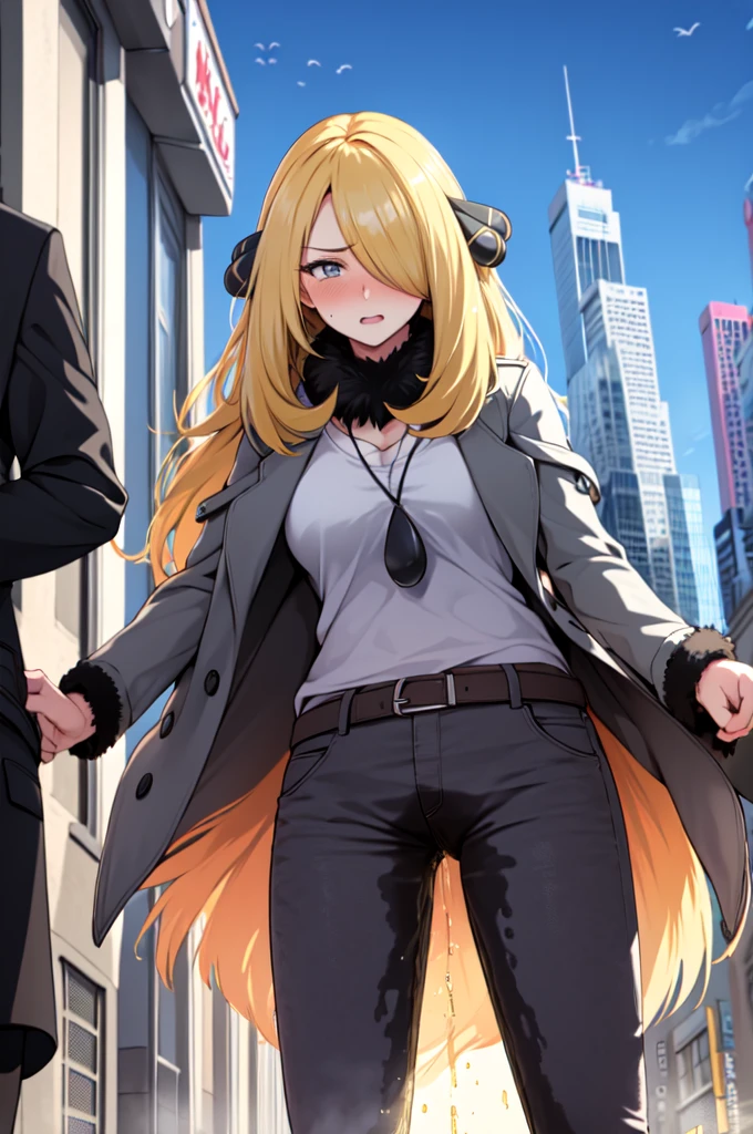 1girl,(solo:1.5),(solo focus:1.5),Cynthia,blonde hair,hair over one eye,hair ornament,very long hair,wavy hair,grey eyes,large breasts,desperation,standing,wetting self,peeing stain,fur collar,furr-trimmed coat,black pants,embarrassed,humiliated,futuristic,city,neon lights,(best quality,4k,8k,highres,masterpiece:1.2),ultra-detailed,vivid colors,sharp focus,long hair flowing in the wind,(colorful skyscrapers:1.5),reflection in the wet pavement,expressions of desperation and embarrassment captured perfectly,futuristic cityscape as the background,streets lined with towering buildings,intricate details in Cynthia's face and hair,subtle reflections in her grey eyes,subtle blush on her cheeks,revealing her embarrassment,intricate details depicting the large pee stain on Cynthia's pants