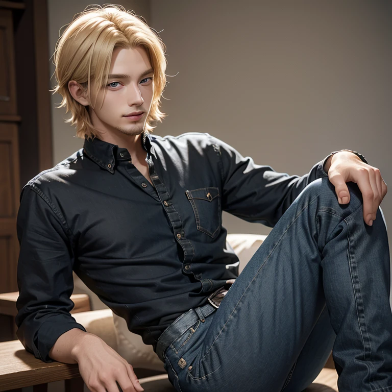 26 year old man, handsome, blue eyes, blond hair, wearing high waist haki jeans, black shirt with buttons, cute smirk, korean