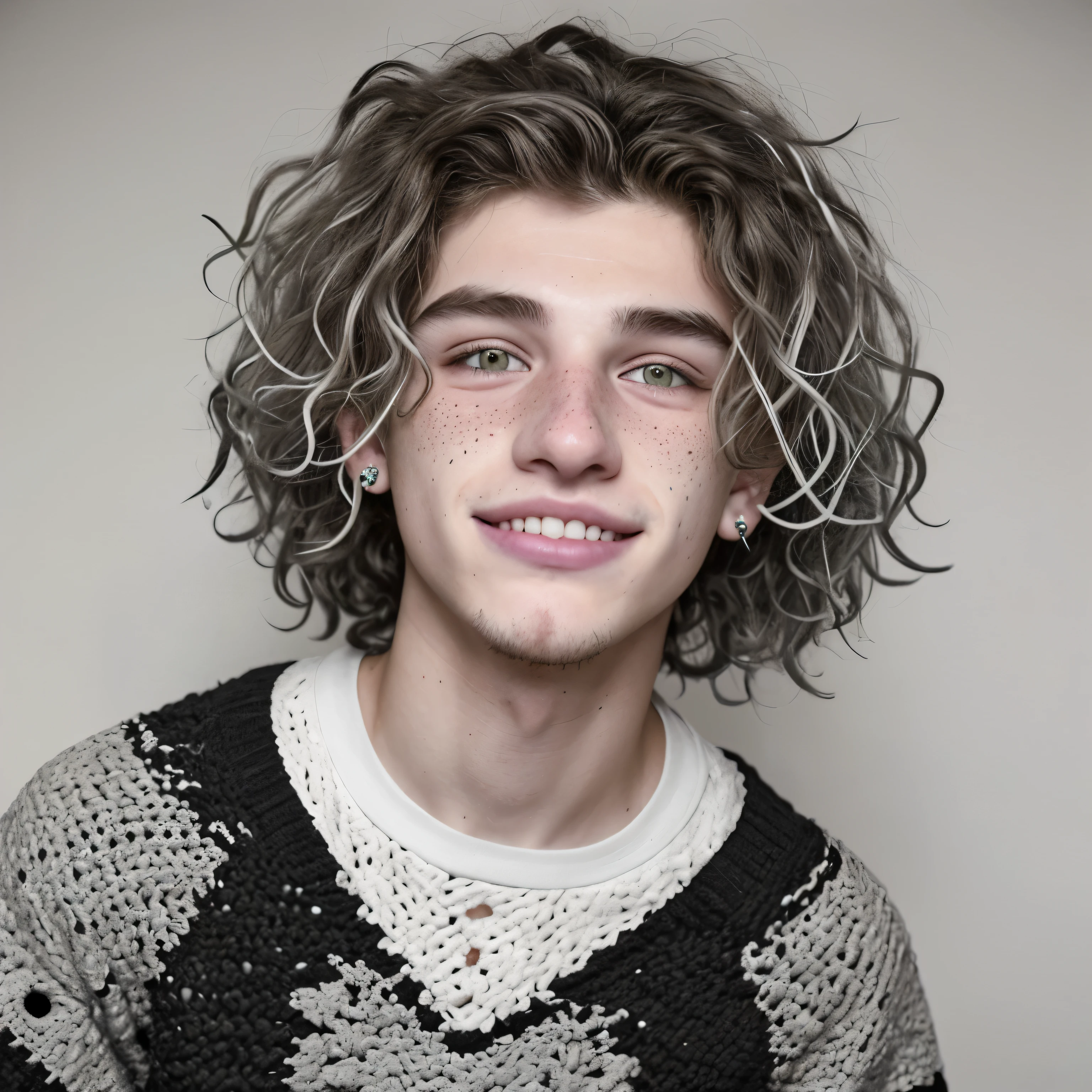20 year old man with wavy hair dyed white, muchas pecas en su rostro, ojos verdes que muestras su inocencia, sonriendo a la camara con amabilidad, tendria piercings de color negro en ambos extremos del labio. Ropa un sueter gris estilo crochet que le queda levemente grande