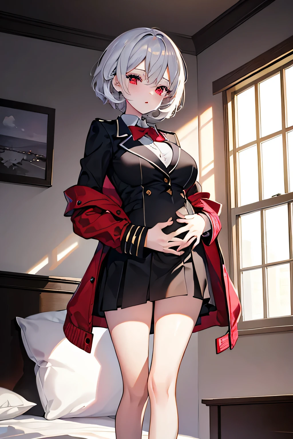 anime,dark room,best quality,white short hair,red eye,over coat,big breast,cute,on the bed,,military uniform