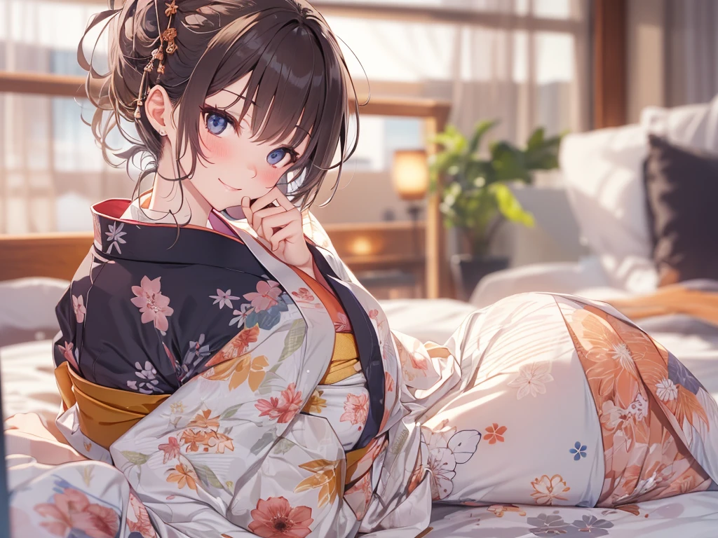 (Highest quality、In 8K、32K、masterpiece、Hmph、Very detailed:1.2)、Cowboy Shot,(pinching the skirt with your hands)、
anegasaki nene、Shiny brown hair, short hair, Beautiful brown eyes、smile、Sparkling eyes, (Fine grain)、Ultra-detailed eyes、Very detailed顔, Very detailed目,
masterpiece、High resolution、Beautiful woman、So cute、(((Wearing a blue yukata)))、(((Sleeping in bed)))Legs closed、、(sleep in one:1.3)、moonlight