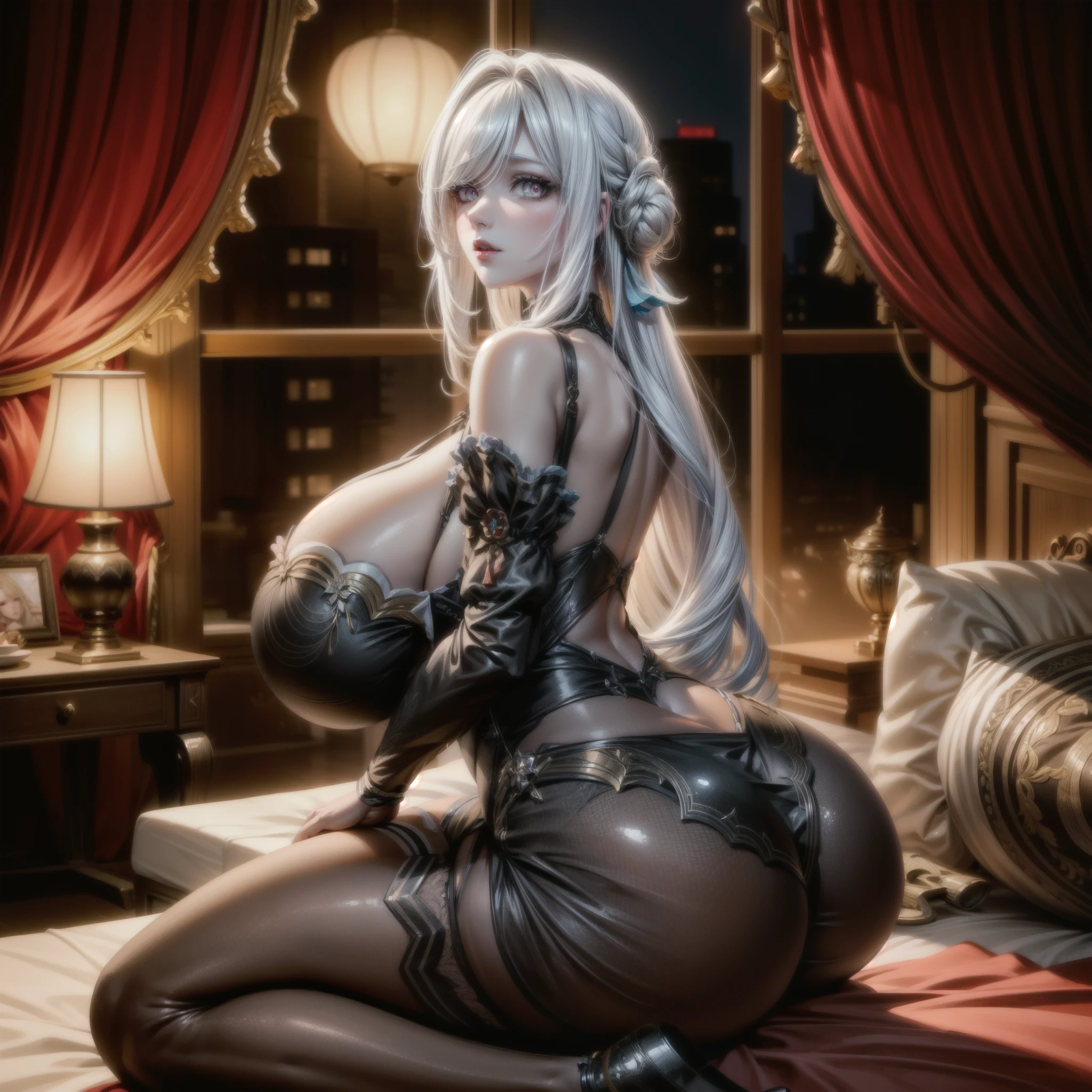 blond woman in lingerie sitting on bed in front of window, thicc, blonde goddess, giant stunning goddess shot, deviantart artstation cgscosiety, lacey, best of artstation, tease, trending on cgstation, render of april, as seen on artstation, trending on artstation hd, alexandra fomina artstation, 2 b, 2b, on her throne, long hair, white hair colors, big ass, big butt, sexy ass, sexy butt, thicc body, ultra detailed graphic, red lips, sexy pose and ass pose, gaze looking at the camera,