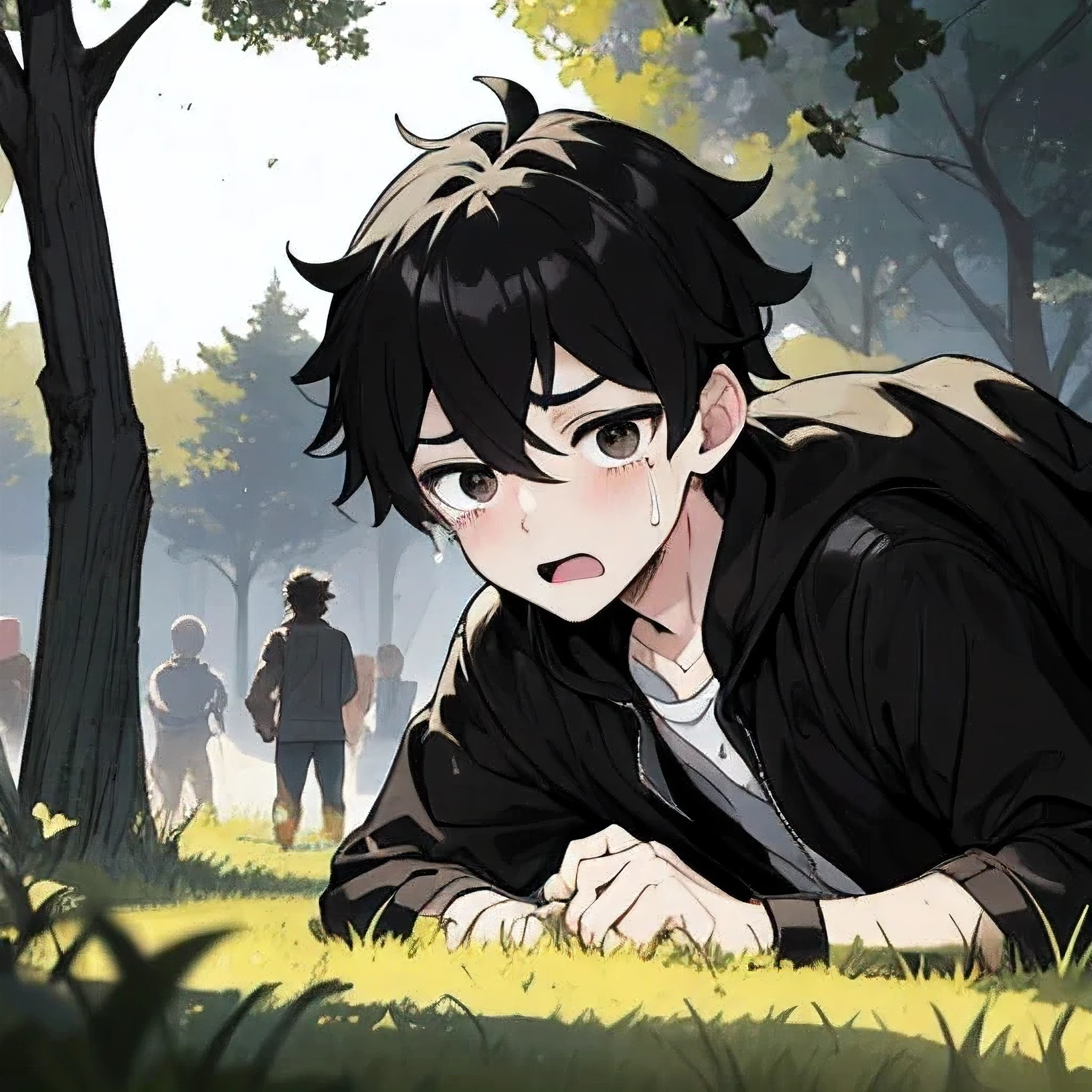  boy、A dark-haired、Black eyes、Depression But there is just a big hut and some people are pointing towards him from behind with their fingers and the boy's face remains the same. Just like an animation and tears are flowing from his eyes and he is lying on the ground and is very disappointed.
