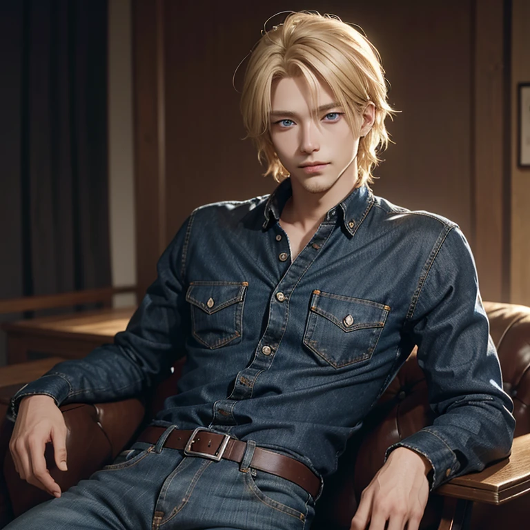 26 year old man, handsome, blue eyes, blond hair, wearing high waist haki jeans, black shirt with buttons, cute smirk, korean, slightly spikey hair