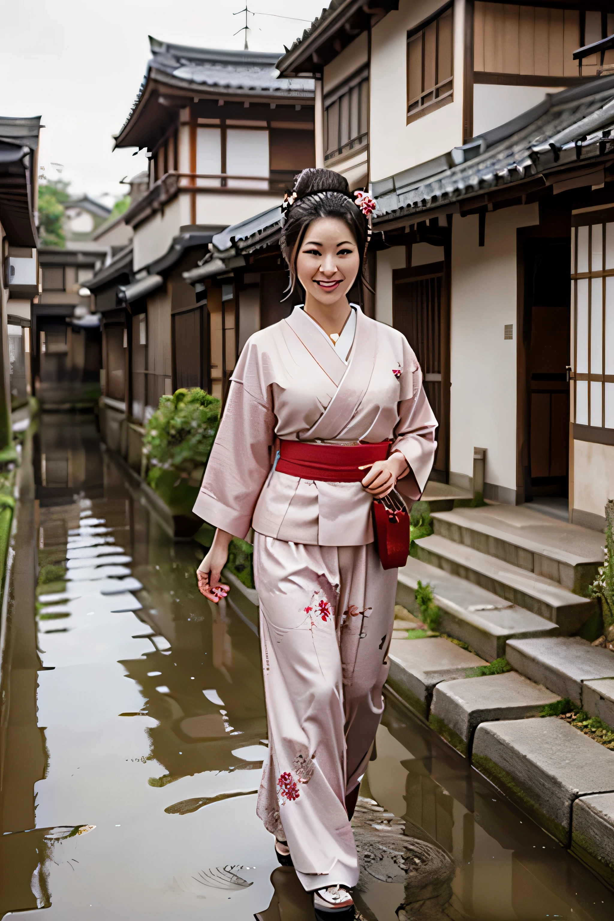 A well-groomed slightly smiling female geisha 35-40 years old in traditional clothes walks along a dry part of a stone street. On one side of it are traditional Japanese houses., and on the other - a canal with water. as realistic as possible.