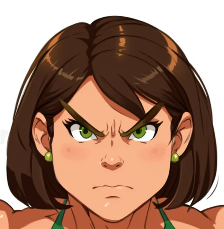 muscle woman with brunette hair wearing green bikini flexing massive muscles, most muscular pose, woman with huge muscles, mature woman, stern expression, green eyes, angry expression