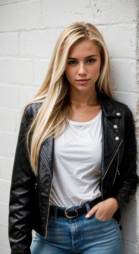 A 23 year old blonde woman, ((big breasts)), ((hyperrealism)) ,. Blonde hair with light brown roots. blonde hair, Hair with brown roots, extra long hair, very long hair, very long hair, very long hair, very long hair, very long hair, very long hair, beautiful, front view, take a photo, Photo taken, full body, in wearing a black leather jacket, white t-shirt, and fit jeans with a stylish belt, with a low-cut top, photo at the leaning against the wall, high quality, Nikon D850 film stock photograph Kodak Portra 400 camera f1.6 lens, full body, sexy body, sexy body.