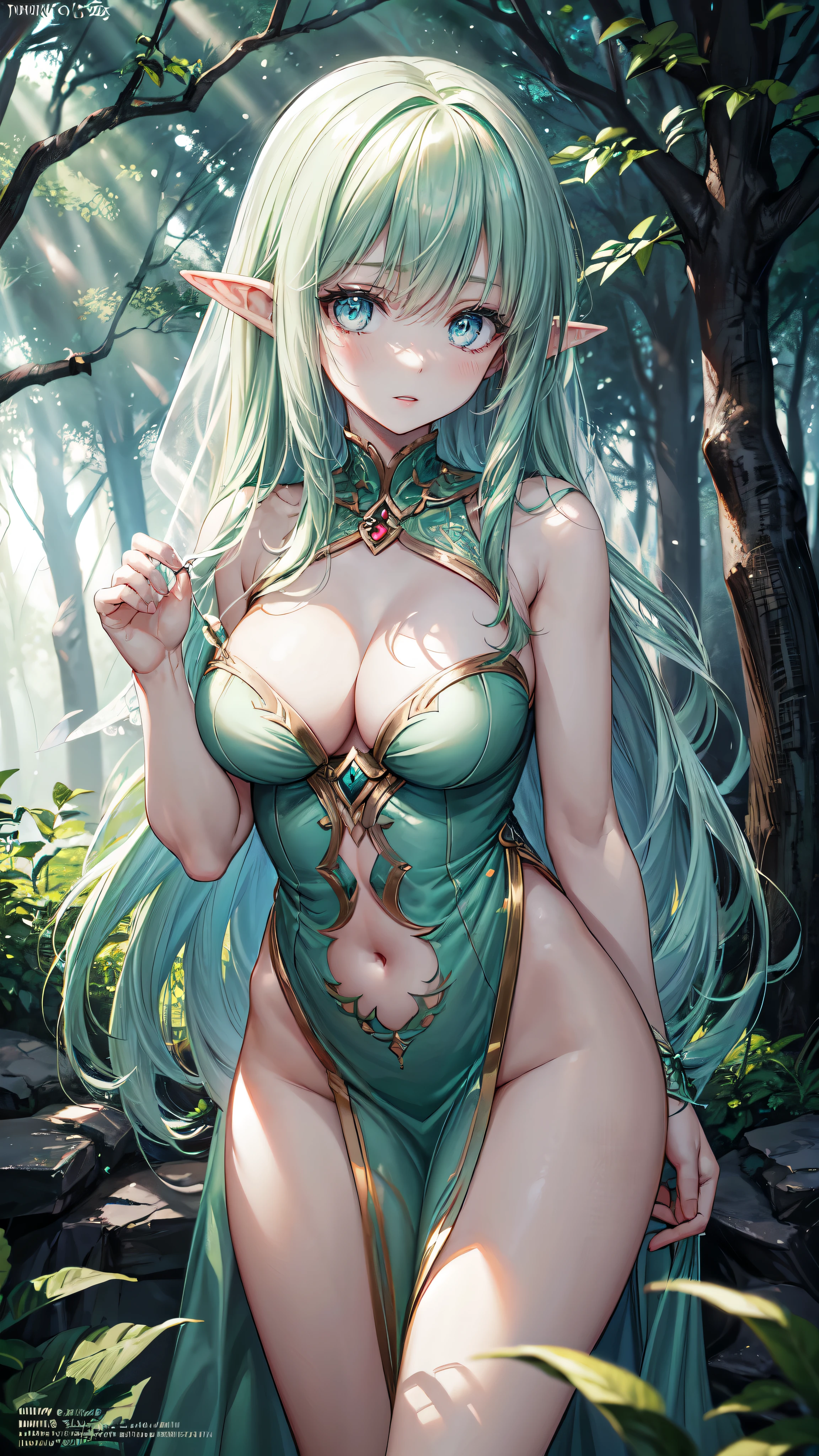 (detailed face,detailed eyes,photorealistic:1.37) An elf woman with a captivating presence and a sense of mystique stands in the center of a dense forest. Her face is exquisitely detailed, with high cheekbones, a slender nose, and full lips that are highlighted with a subtle hint of color. Her eyes are mesmerizing, adorned with intricate details that draw you in and make it impossible to look away. The deep, piercing gaze of her eyes reflects a sense of wisdom and ancient knowledge. The elf woman's dark fantasy aura is enhanced by the mysterious atmosphere surrounding her. The forest is shrouded in darkness, with swirling shadows dancing among the tall, ancient trees. Rays of ethereal light seep through the thick foliage, casting a soft glow on the elf woman's skin, illuminating her features with an otherworldly radiance. She stands tall and confident, her body partially hidden beneath flowing, sheer fabric that wraps around her like a delicate veil. Her form is elegant and graceful, exuding an air of natural beauty and tranquility. The elf woman embraces her nudity, expressing a sense of and connection to nature. The photorealistic:1.37 quality of the artwork brings every intricate detail to life, capturing the subtle nuances of the elf woman's features and the vibrant colors of her surroundings. The portraits style emphasizes the focus on the woman's face, showcasing her captivating beauty in vivid detail. The vivid colors further enhance the enchanting atmosphere, with deep greens dominating the forest and subtle splashes of vibrant hues scattered throughout. The studio lighting creates a dramatic play of light and shadow, accentuating the contours of the elf woman's face and adding depth to the overall composition. In this captivating artwork, the elf woman embodies the timeless allure of dark fantasy, inviting viewers into a world of magic and mystery.