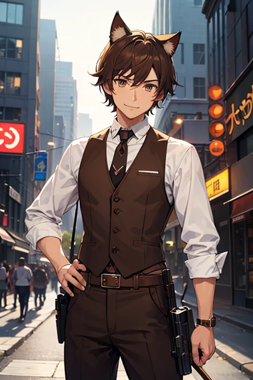 Man, anime, wearing a brown vest suit, has cat ears and tail, brown hair, brown eyes, has a gun holster on the belt with a handgun in it, short hair style, tanned skin, best quality, smiling, 1930s city background, 