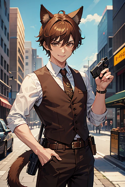 Man, anime, wearing a brown vest suit, has cat ears and tail, brown hair, brown eyes, has a gun holster on the belt with a handgun in it, short hair style, tanned skin, best quality, smiling, 1930s city background, 