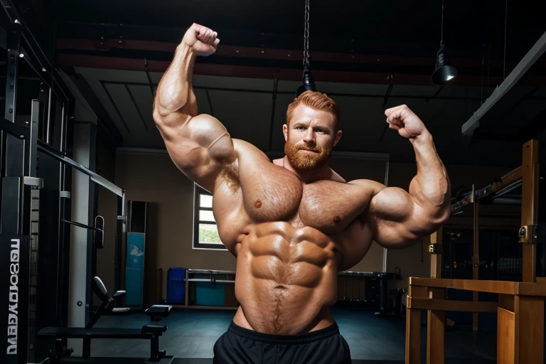 ginger daddy, (1boy), (soft smile), tan skin, (natural daylight:1.3), flexing biceps, perfect biceps, round biceps, arm flexed, bicep flexing pose, (good face:1.5), (male model:1.3), dimly lit, dark studio, matured man with a beard, ginger, bodybuilder competition flexing poses, showing off biceps, (handsome:1.5), (beautiful:1.3), gorgeous, high quality face, ginger, extremely attractive