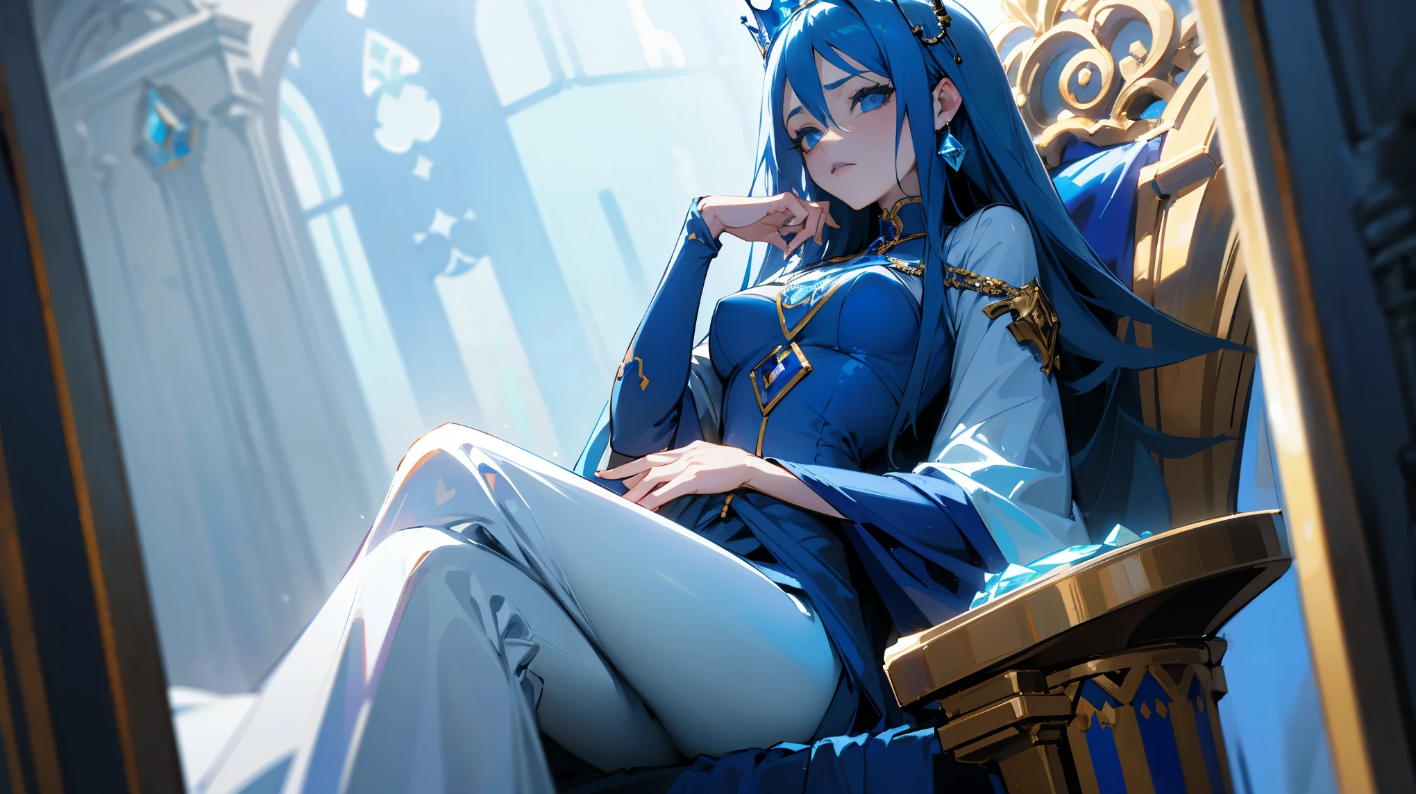 blue hair, blue eyes, woman, sitting on throne, godly blue aura, medium-length blue hair, blue lipstick, blue diamond on chest, blue crown,sad expression