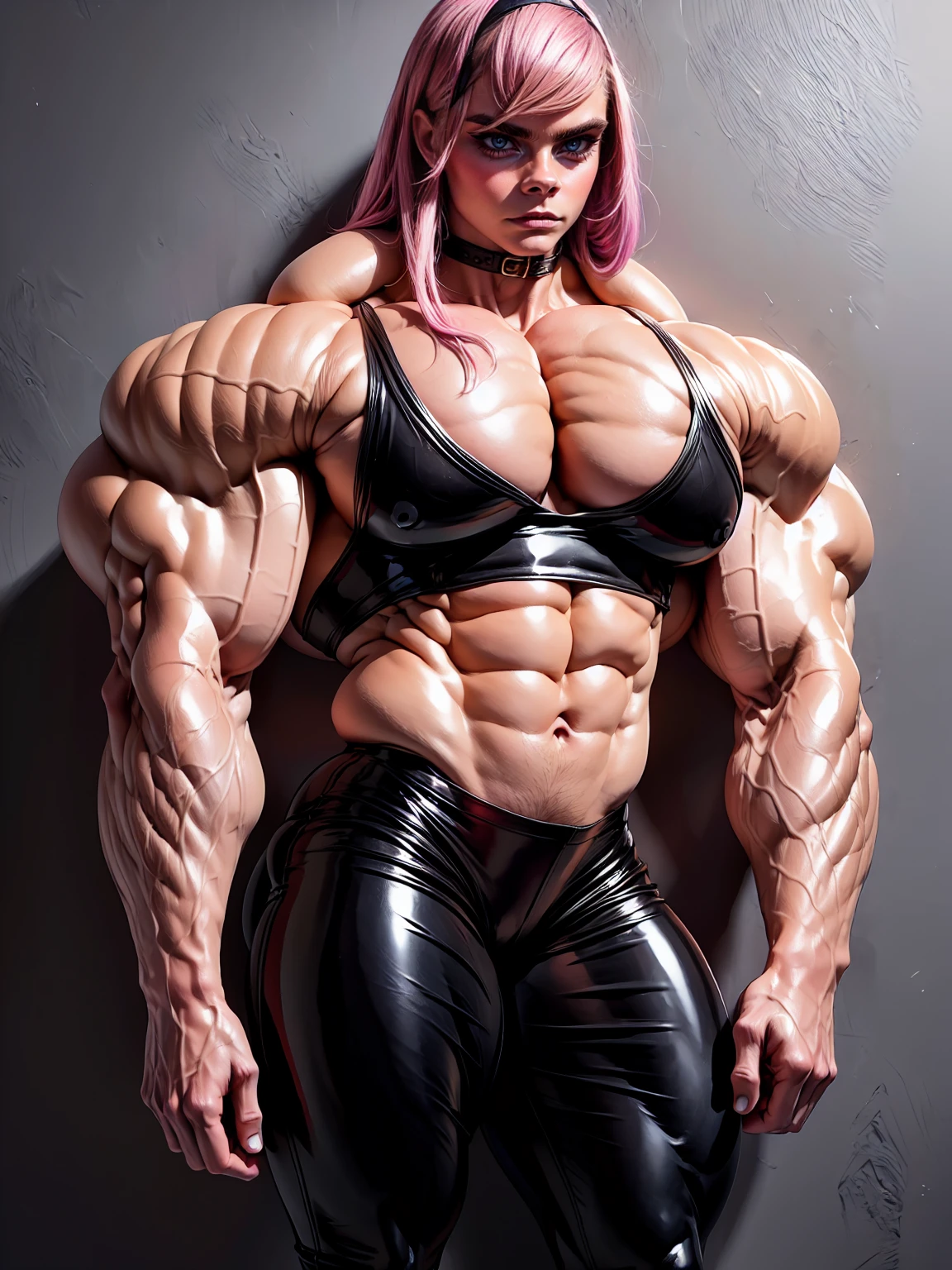 (1 girl), (cara delevingne), young girl, masculine physique, seductive face, seductive look, long pink hair, perfect muscular body, super skinny legs, latex pants, sissy, femboy, (huge muscular arms:1.25),