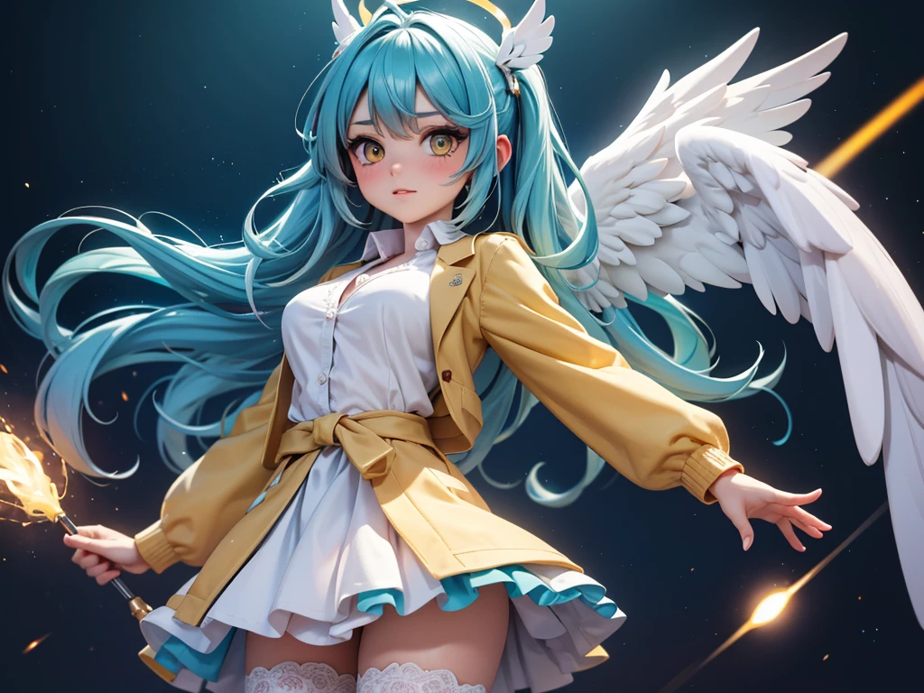 (masterpiece, best quality:1.3), (Super detailed:1.3), 1 girl, Hatsune, (light blue hair, messy hair, long hair), (Colorful angel wings), (Colorful Angel Halo), Big breasts, yellow eyes, (White shirt, waist cardigan, Reveals lace lingerie, Aqua coat, convertible long coat, Roll up sleeves, Dark blue skirt, Stockings), Cowboy shooting, movie lighting, (((glowing light particles))), (Put your arms behind your back), Dynamic angle,