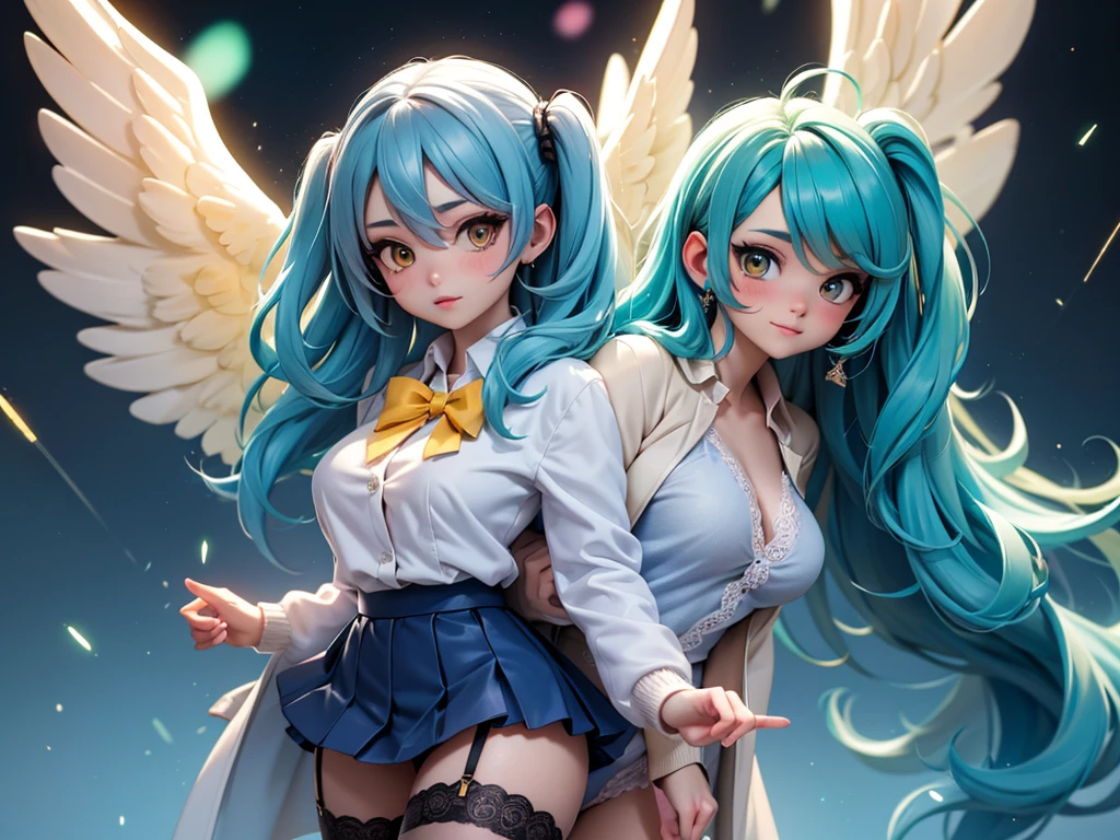 masterpiece, best quality, large breasts, blue eyes, forehead bangs, blue hair, long hair, embarrassed, with angelic wings, (angelic halos:1.2), in a heavenly paradise. flowing white gowns with golden accents and delicate, multiple girls, (1boy:1.2), (pov:1.2), (sex:1.2), (3girls:1.2), (cowgirl position:1.3), (girl on top:1.2), (straddling:1.2), (nsfw:1.2)