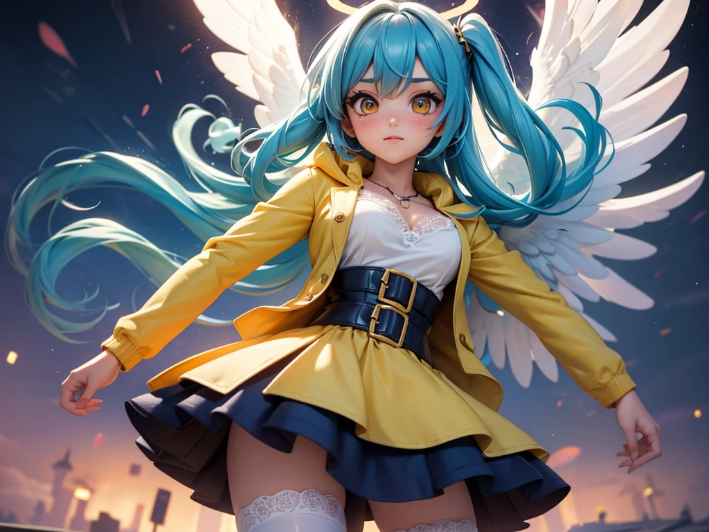 (masterpiece, best quality:1.3), (Super detailed:1.3), 1 girl, Hatsune, (light blue hair, messy hair, long hair), (Colorful angel wings), (Colorful Angel Halo), Big breasts, yellow eyes, (White shirt, waist cardigan, Reveals lace lingerie, Aqua coat, convertible long coat, Roll up sleeves, Dark blue skirt, Stockings), Cowboy shooting, movie lighting, (((glowing light particles))), (Put your arms behind your back), Dynamic angle,