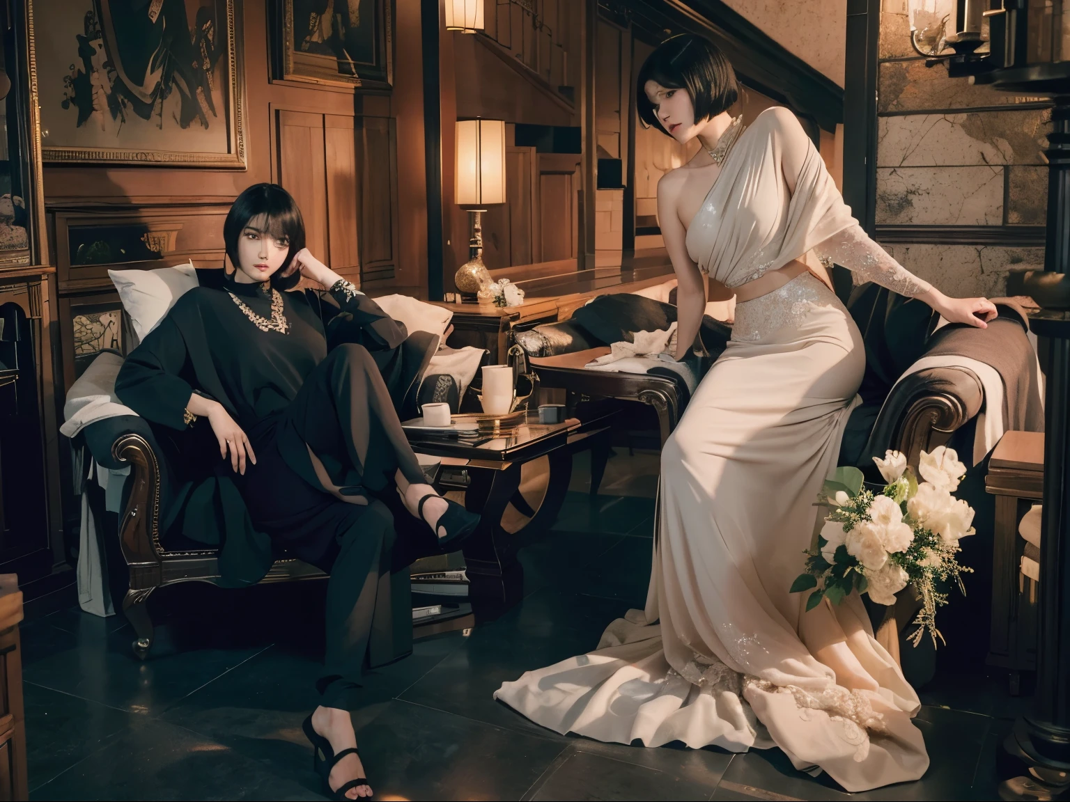 (Best quality, 8k, 32k, Masterpiece, UHD:1.2) "Generate a captivating artwork featuring a young Japanese girl model with short, sleek black hair styled in a chic bob haircut. Envision her bathed in dramatic cinematic lighting, creating an atmosphere of allure and mystery. Emphasize a romantic aesthetic vibe, showcasing the model in a poised and elegant pose that evokes a sense of intimacy and sophistication. Utilize warm and soft tones to enhance the romantic ambiance, and consider incorporating elements like flowing fabrics or flowers to add a touch of ethereal beauty. Capture the essence of romance and beauty through the model's expression, the play of light and shadows, and the overall aesthetic, creating a visually compelling and emotionally resonant piece." (perfect eyes), flawless skin, flawless face, cinematic, tight body, ((well-proportion female hands)), ((female hands with five digits)) ((Body is well proportioned)), ((chic bob haircut)), soft focus ((Short Black Hair)), ((friends))