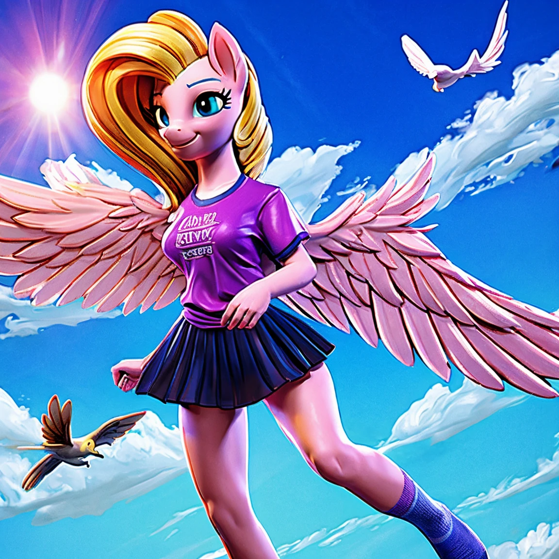 fluttershy, my little pony, human body, 2 hands, 2 legs, female, long fur, facing towards you, colorful socks, wearing a t-shirt and transparent skirt, spread wings, fluffy feathers, smiling, flying through the sky, sunny day, clouds, birds, hyper-detail, 3d illustration, high contrast, masterpiece, hyper-realism, best quality, fantasy art, magnificent, celestial, epic, majestic, magical
