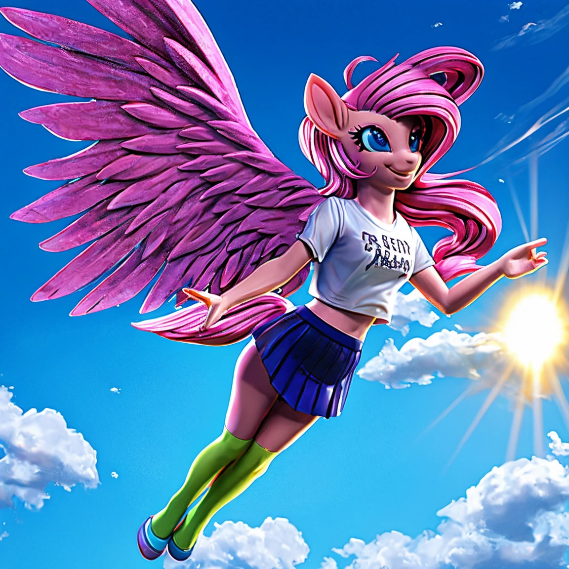 fluttershy, my little pony, human body, 2 hands, 2 legs, female, long fur, facing towards you, colorful socks, wearing a t-shirt and transparent skirt, spread wings, fluffy feathers, smiling, flying through the sky, sunny day, clouds, birds, hyper-detail, 3d illustration, high contrast, masterpiece, hyper-realism, best quality, fantasy art, magnificent, celestial, epic, majestic, magical
