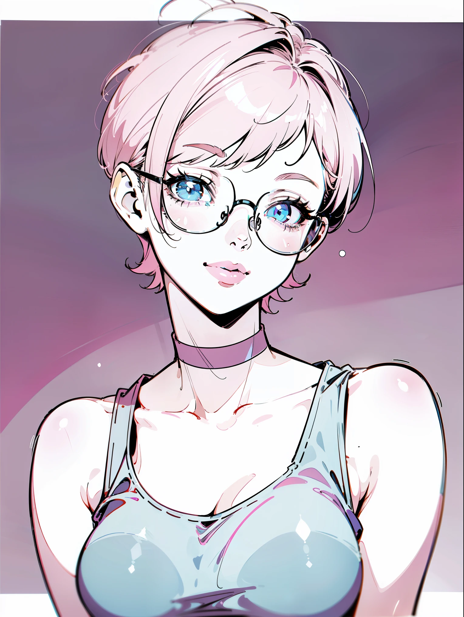 Beautiful woman, 24 years old, short pink hair (pixie cut), busty, wide lips, pointed nose, choker, wearing a tank top (white), eyeglasses, background city (unfocused), simple smile, manga lineart with colors, just face and chest photo