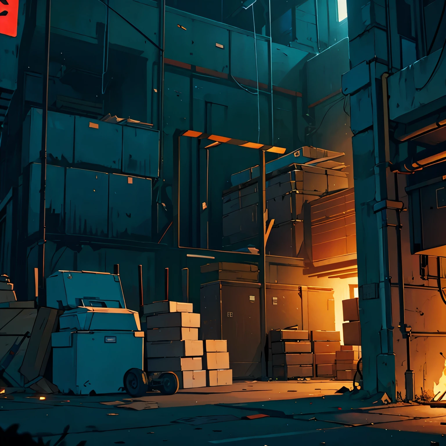 Scenario of a futuristic dark warehouse of boxes with weapons