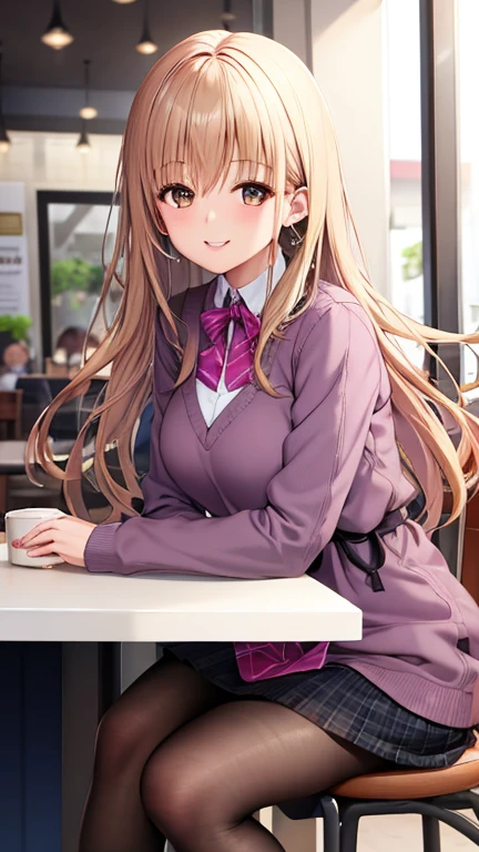 Smiling and talking to me ,  pastel colored date clothes , During a date at a cafe. She is sitting next to the counter.  , On a date ,  various poses ,  various angles ,  various top and bottom angles , micro mini skirt