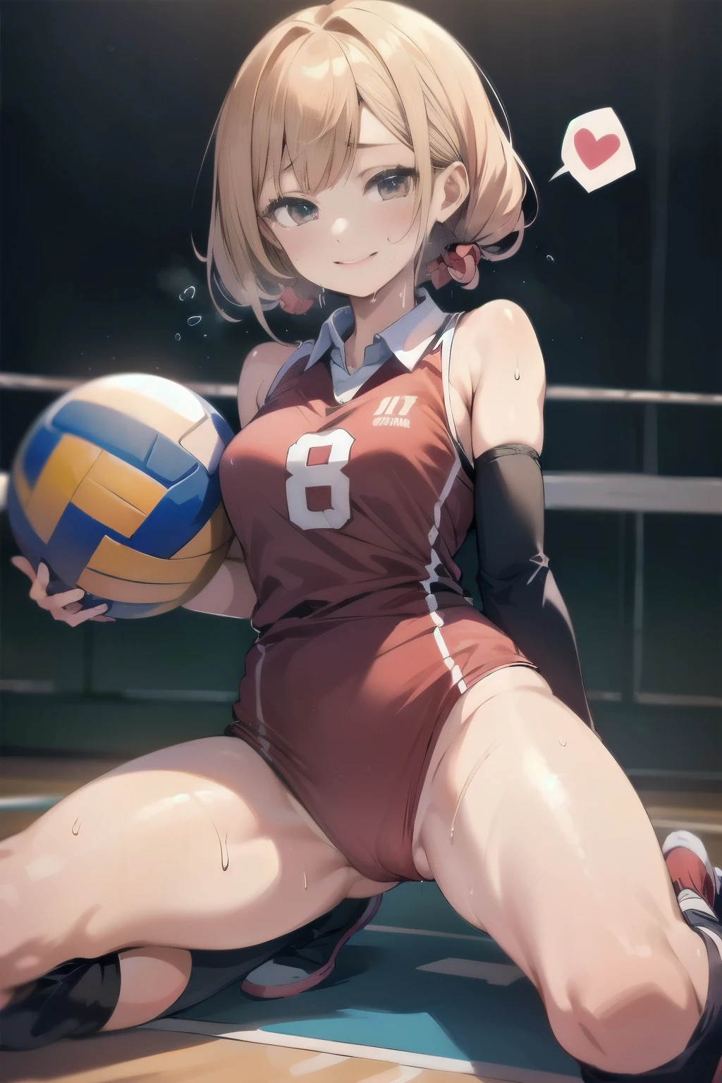 unity 8k wallpaper, anatomically correct, (((masterpiece))), (((best quality))), (((ultra detailed))), (((high-resolution))), ((Ultimate cutie)), perfect hands, perfect finger, (((good anatomy))), detailed beautiful face, shiny hair, (((gyaru))), (potbelly), (curvy), medium breasts, ((Thick thighs)), (((solo))), ((seductive smile)), (((blush))), 
BREAK, (((sit astride the perfectly spherical shape 6-inch volleyball))), (((Straddling a perfectly spherical 6" volleyball))), (((Perfectly spherical 6" volleyball fits perfectly crotch))), BREAK, (((Rub the  Perfectly spherical 6" volleyball against crotch))), (masturbation), 
BREAK, (Collared volleyball uniforms), sleeveless, ((buruma)), ((kneepad)), pussy juice stained, (elbow pad), (((sweat))), (((covered in sweat))), ((deep breathing)), in Volleyball Court, indoor, lighting,  looking at viewer, full body, (spoken heart)