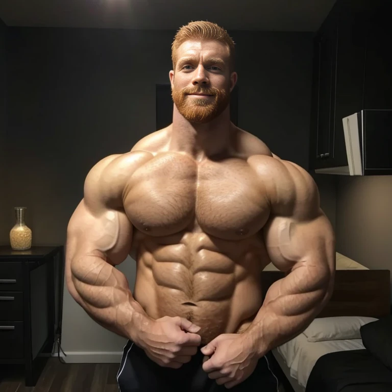 ginger daddy, (1boy), (soft smile), tan skin, (natural daylight:1.3), flexing biceps, perfect biceps, round biceps, arm flexed, bicep flexing pose, (good face:1.5), (male model:1.3), dimly lit, dark studio, matured man with a beard, ginger, bodybuilder competition flexing poses, showing off biceps, (handsome:1.5), (beautiful:1.3), gorgeous, high quality face, ginger, extremely attractive