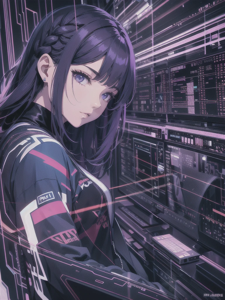 Very young girl, black mask, White skin, The code on, Hacker style, curve,sit on it、View from the side、deep purple, dark, braids, dark blue hair, cable, vintage, cyberpunk, Data center background, deep purple主题, night city