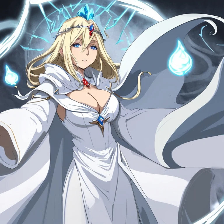 Blonde, white robe, blue cape, circlet, cleavage, white mage, grimmoire