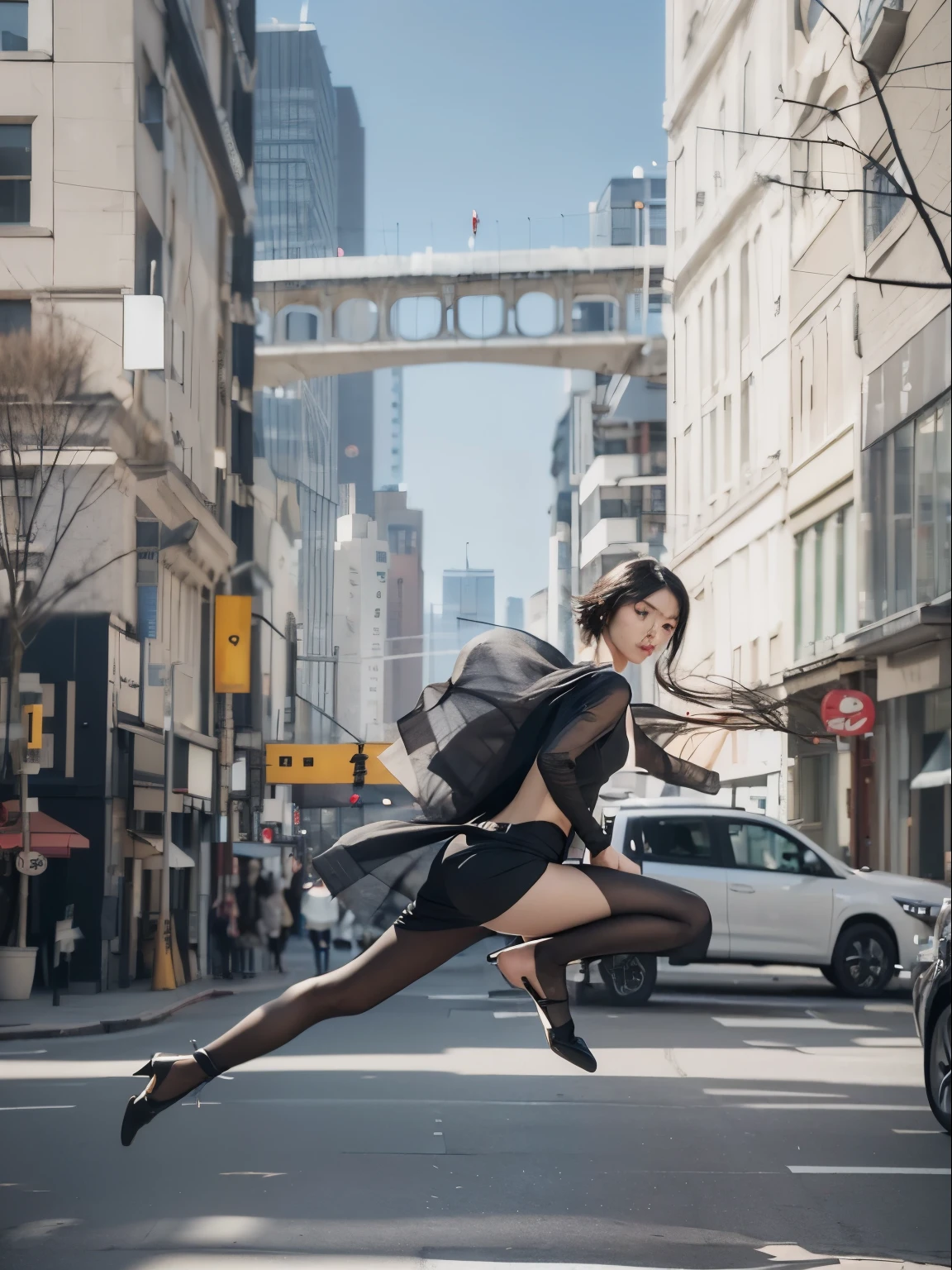 (Best quality, 8k, 32k, Masterpiece, UHD:1.2) "Generate a captivating artwork featuring a young Japanese girl model with short, sleek black hair styled in a chic bob haircut. Envision her bathed in dramatic cinematic lighting, creating an atmosphere of allure and mystery. Emphasize a romantic aesthetic vibe, showcasing the model in a poised and elegant pose that evokes a sense of intimacy and sophistication. Utilize warm and soft tones to enhance the romantic ambiance, and consider incorporating elements like flowing fabrics or flowers to add a touch of ethereal beauty. Capture the essence of romance and beauty through the model's expression, the play of light and shadows, and the overall aesthetic, creating a visually compelling and emotionally resonant piece." (perfect eyes), flawless skin, flawless face, cinematic, tight body, ((well-proportion female hands)), ((female hands with five digits)) ((Body is well proportioned)), ((chic bob haircut)), soft focus ((Short Black Hair)), ((jumping)