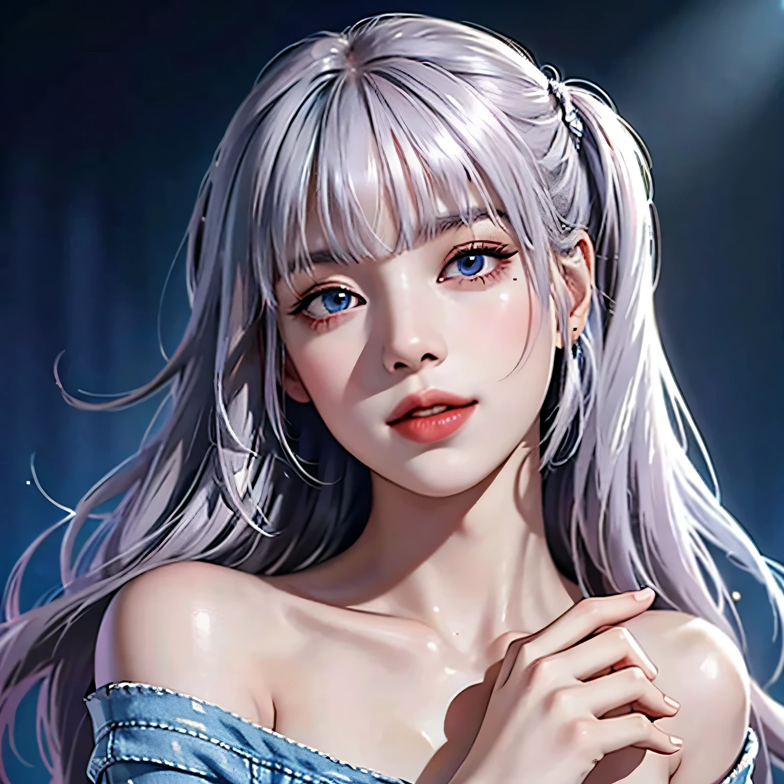 1 girl, silver hair, striped hair, bangs, Dull bangs, ）（long straight hair）, （Dark pink hair）, aqua eye, long eyelashes,（blue eye makeup, smile, parted lips, realism, verism, surrealism, Depth of the bounds written, one person&#39;s perspective, f/1.8, 135mm, canon, nffsw, retina, table top, Accurate, anatomically correct, rough skin, Super detailed, advanced details, high quality, 最high quality, High resolution, 1080p, hard disk, 4k, 8K）（full body angle）focus on the face　（white coarse summer sweater、off shoulder）、denim pantini skirt、（Fishnet tights、damage）（black high heels、pinhole tie）