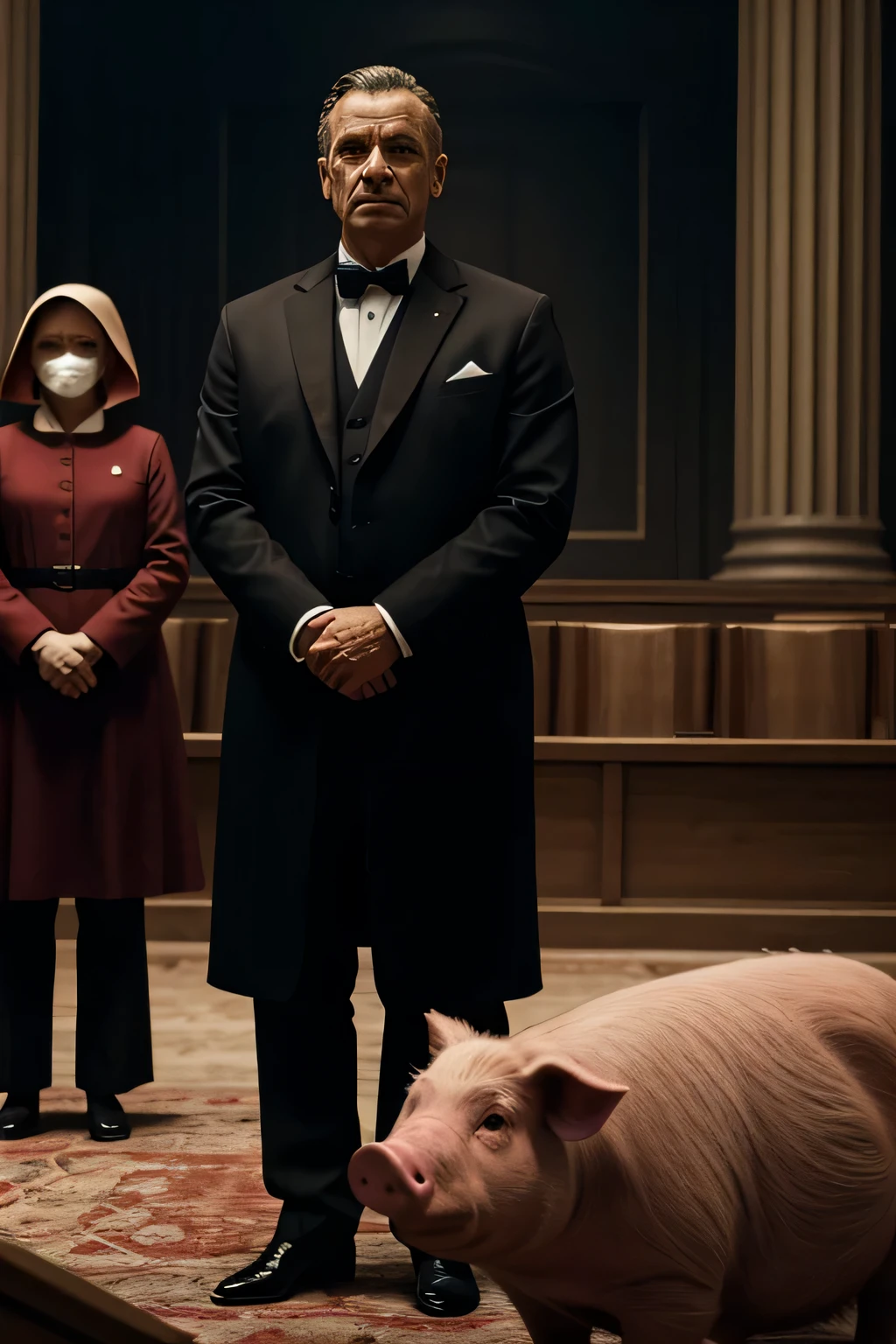An image of three pigs standing in front of a podium, addressing a crowd of people.,The Handmaid's Tale,Fred Waterford, a character from “The Handmaid’s Tale,” presents a commanding figure with a stern, composed demeanor, often seen in the authoritative, formal attire befitting his high-ranking position in the dystopian regime of Gilead. His neat appearance, with a clean-shaven face and well-groomed hair, masks the cruelty and manipulation he is capable of as one of the architects of the oppressive society.