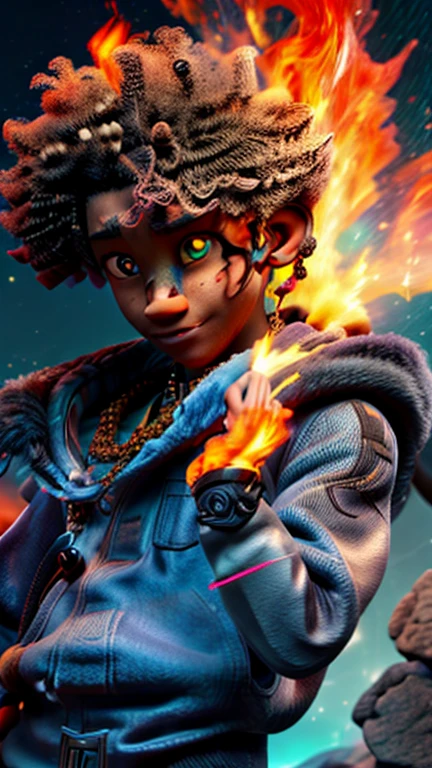 a close up of a person with a black face, Afro American man, black twisted Afro, black hair, beard, muscular, God, Face resembling Rhea Ripley, warrior energy, black long sleeve shirt with silver embroidered typography on sleeve, intricate design on shirt, Crimson Red Flame Aura,Nebular Diamond link chain draped around neck, stud ear piercing made out of diamond, anime art wallpaper 4 k, high resolution, beast form,anime art,masculine, black man, glowing eyes, muscular,badass, calm, patient, compassionate, attractive, naturally charming-graceful, anime 8 k, anime epic artwork, 4 k manga wallpaper, embodied cool sense of being, ultra hd anime wallpaper