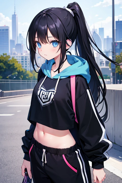a beautiful cute anime girl,blue eyes,long black hair, ponytail,(high-details),crop top hoodie, black training pants,city(hd-view), headphones,(high-quality),
