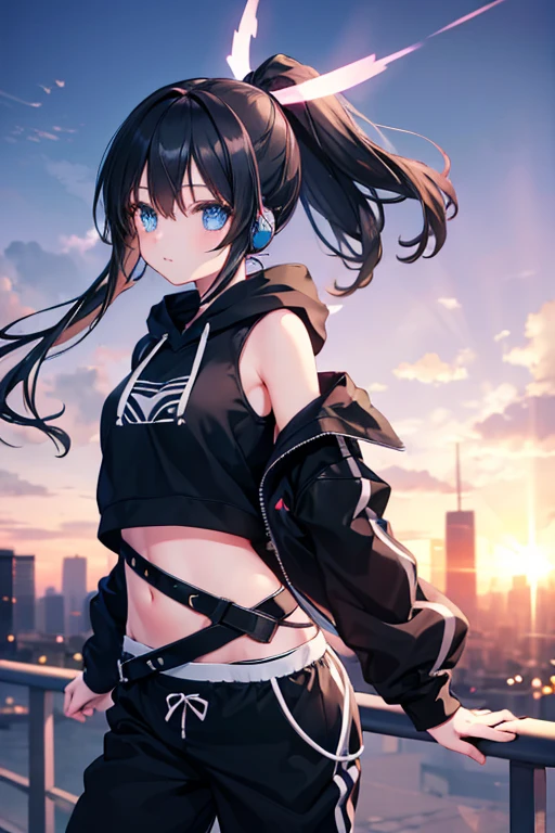 a beautiful cute anime girl,blue eyes,long black hair, ponytail,(high-details),crop top hoodie, black training pants,city(hd-view), headphones,(high-quality),