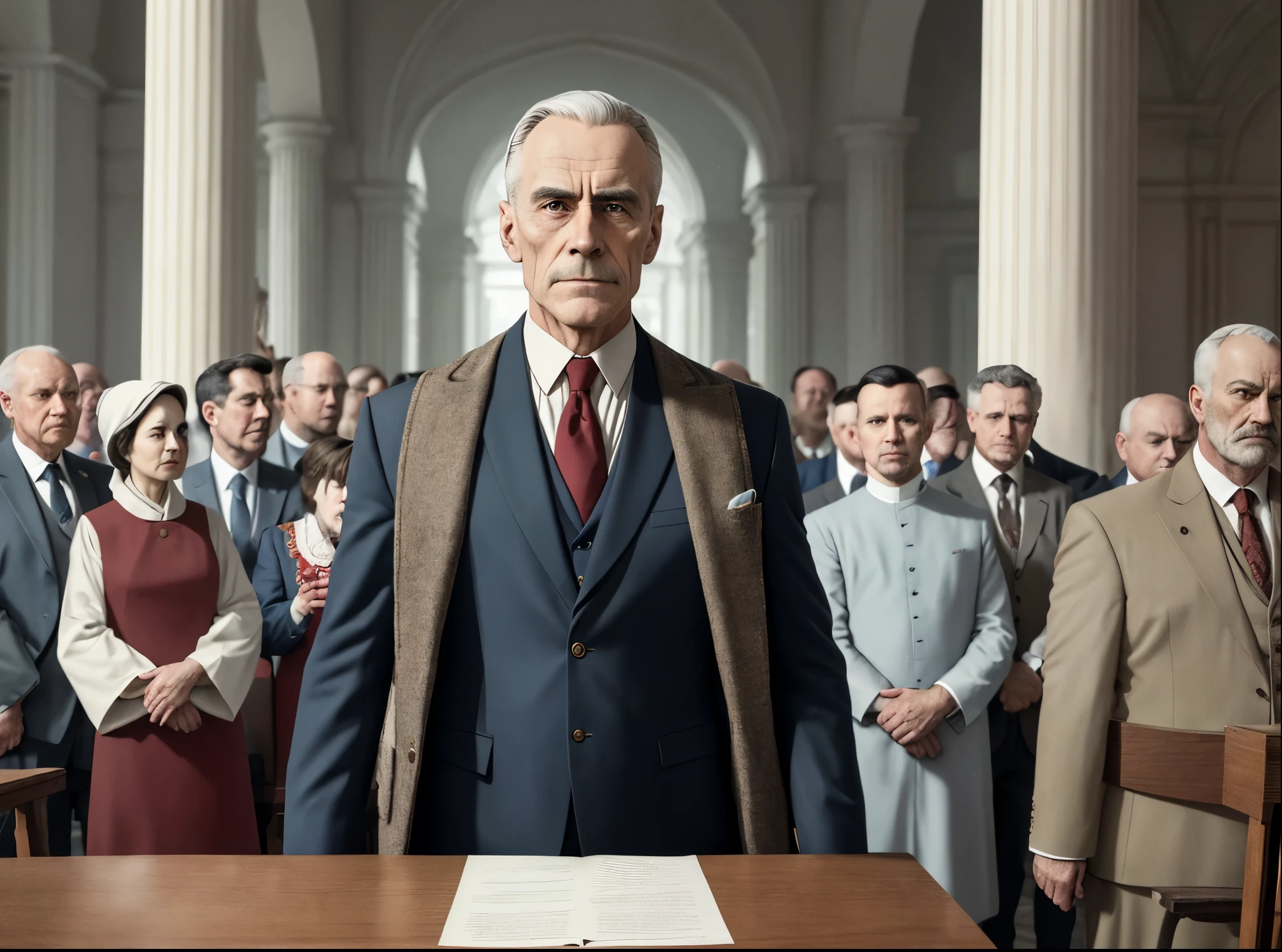 tmasterpiece,4k,8k,finedetail,ultra high resolution,best qualtiy,k hd,Complicated details, An image of Waterford standing in front of a podium, addressing a crowd of people.,The Handmaid's Tale,Fred Waterford, a character from “The Handmaid’s Tale,” presents a commanding figure with a stern, composed demeanor, often seen in the authoritative, formal attire befitting his high-ranking position in the dystopian regime of Gilead. His neat appearance, with a clean-shaven face and well-groomed hair, masks the cruelty and manipulation he is capable of as one of the architects of the oppressive society.