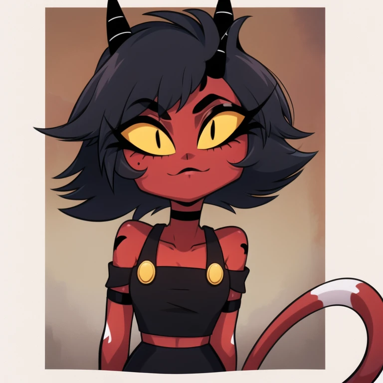 red skin, yellow sclera, black short hair, horns, black croptop, tail, elf ears, 1girl, millie, demon girl, black ripped vestido,sexy,grandez pechos,